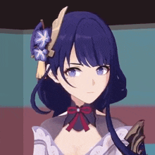 a close up of a girl with purple hair and blue eyes wearing a bow tie and a flower in her hair .