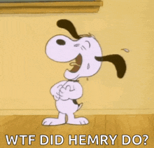a cartoon of snoopy laughing with the words " wtf did hemry do " below him