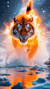 a painting of a tiger surrounded by fire
