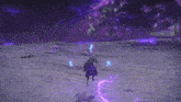 a purple lightning bolt is being thrown at a person in a video game
