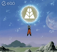 a cartoon character is flying through the air holding a circle with a triangle in the middle