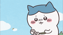 a cartoon drawing of a cat with a blue hat holding flowers