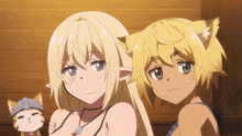 two anime girls are standing next to each other