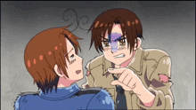 a cartoon of a man pointing at another man with a swirl on his head