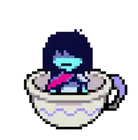 a pixel art drawing of a person sitting in a cup