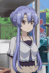 a girl with purple hair is standing in front of a blue sign that says ice
