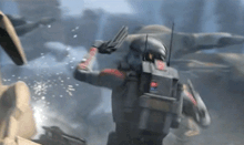 a clone trooper from star wars is holding a gun in his hand while fighting a group of soldiers .