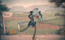 a cartoon character is dancing in front of a sign that says town