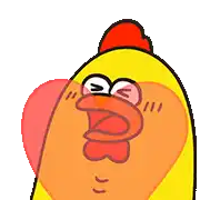 a cartoon chicken with a red crest and a heart in its mouth