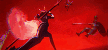 a woman is holding a large sword in her hand in a red background .