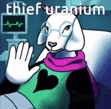 a cartoon drawing of a sheep with glasses and the words thiefuranium