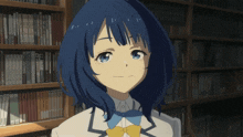 a girl with blue hair and a yellow bow tie stands in front of a bookshelf