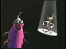 two cartoon characters are standing next to each other on a stage .