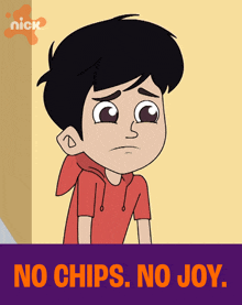 a cartoon of a boy with the words no chips no joy on the bottom