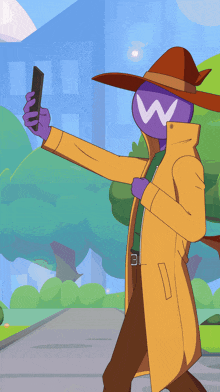 a cartoon character with a witch hat and a w on his face is using a laptop