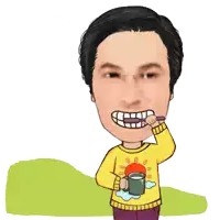 a cartoon of a man brushing his teeth and holding a mug