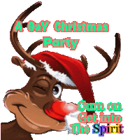 a cartoon reindeer wearing a santa hat with the words " a gay christmas party " above it