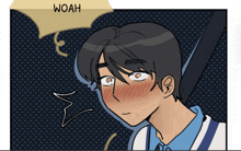 a cartoon of a boy with a speech bubble that says woah on it