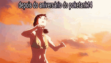 a woman in a bikini stands in front of a cloudy sky with the words depois do aniversario do poketank14 above her