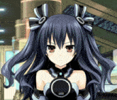 a black and white anime girl with a circle around her neck looks angry