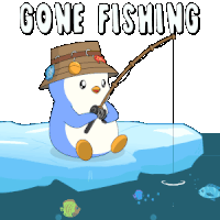 a penguin is fishing on a piece of ice with the words gone fishing below it