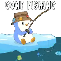 a penguin is fishing on a piece of ice with the words gone fishing below it