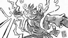 a black and white drawing of a man with a big smile on his face and a sword in his hand .