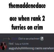 a meme that says themaddendace ace when rank 2 furries on crim and heel today at 11:24 pm