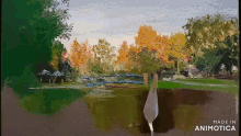a painting of a lake with trees and a bridge made in animatica