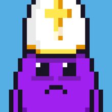 a pixel art of a purple object with a white hat with a gold cross on it