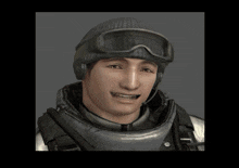 a man wearing a helmet and goggles is smiling and holding a rocket