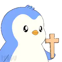 a penguin is holding a wooden cross in its hand