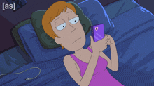 a cartoon of a woman laying in bed looking at her cell phone