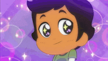 a cartoon of a boy with big eyes and a purple background