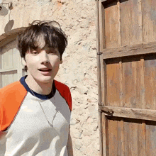 a young man is standing in front of a wooden door and a stone wall .