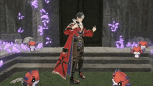 a man in a red coat is standing in front of a door with purple crystals behind him