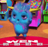 a blue monster is dancing in an arcade with the words wen wen wen wen wen