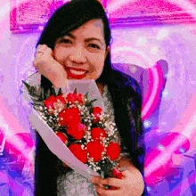 a woman is smiling while holding a bouquet of roses