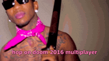 a man wearing sunglasses and a pink bandana is holding a knife with the words hop on doom 2016 multiplayer written below him