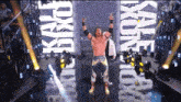 a wrestler is standing on a stage with his arms in the air and the word kayfabe behind him