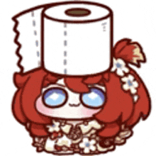 a cartoon character with a roll of toilet paper on his head .