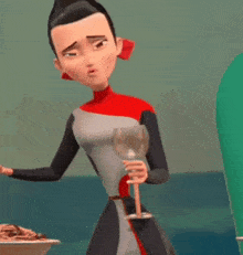 a cartoon character is holding a glass of wine while standing next to a plate of food .