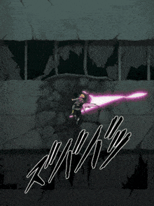 a cartoon drawing of a person with a sword and a purple light coming out of it