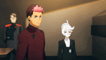 a man with pink hair is standing next to a girl with white hair