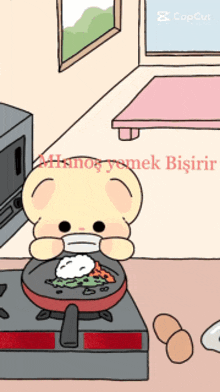 a cartoon of a teddy bear cooking on a stove with a caption that says ' yemek bisirir '