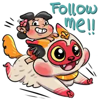 a cartoon of a girl riding a cat with the words follow me written below it