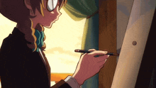 a girl with glasses is holding a pen and drawing on a board