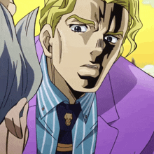 a man in a striped shirt and tie has a cat pin on his tie