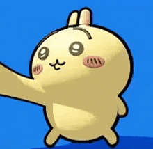 a yellow cartoon rabbit is standing on a blue background with its arm outstretched .