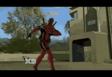 a cartoon of deadpool dancing in front of a building